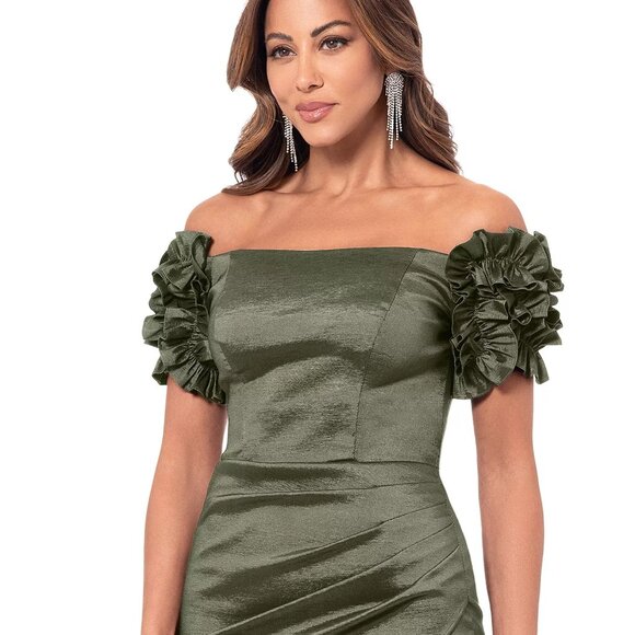 XSCAPE Women's Off-The-Shoulder Floral-Sleeve Dress Olive Size 12 - Picture 4 of 6